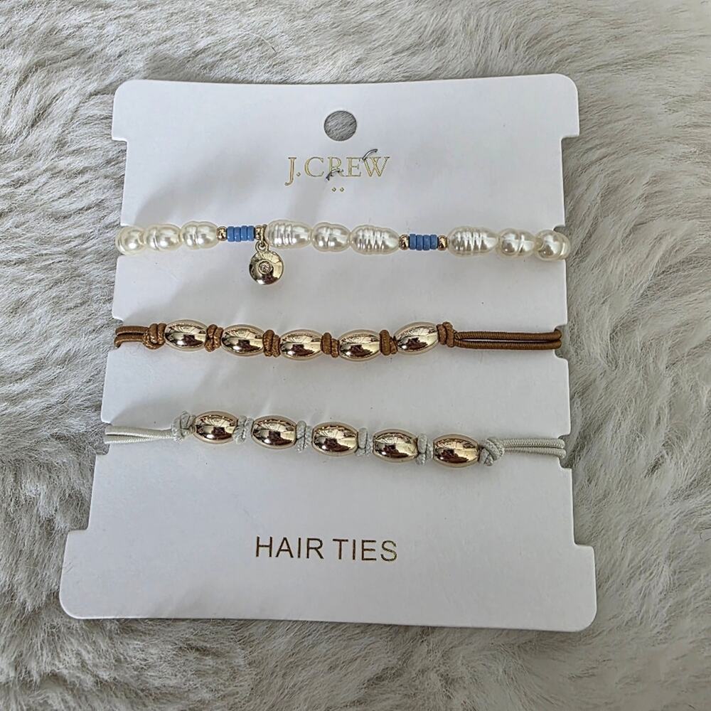 J. Crew Pearl and Metallic Beaded Hair Ties 3-Pack Gold Brass Scrunchies NWT